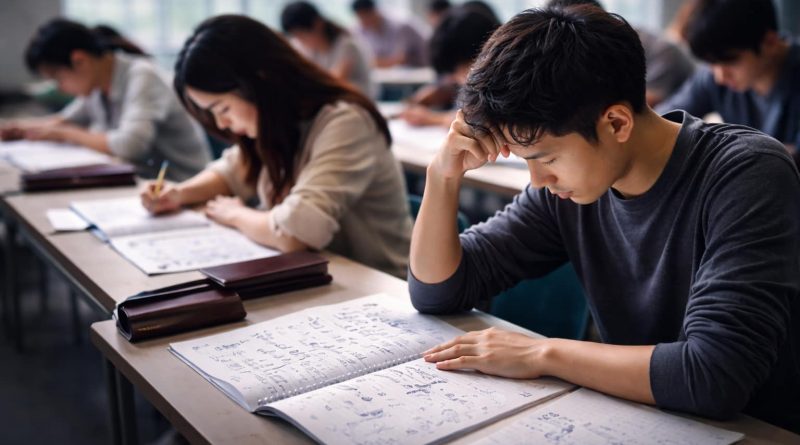 Estudiantes universitarios rinden un examen académico en China.