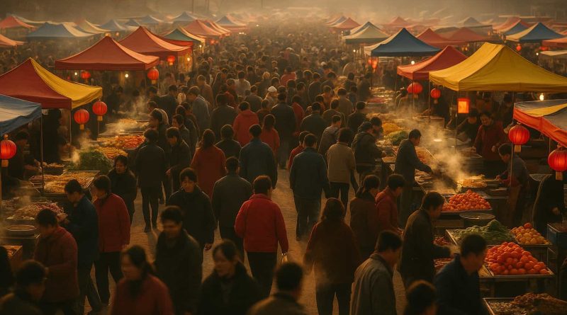 Mercado rural tradicional en Shandong con alta afluencia de visitantes.