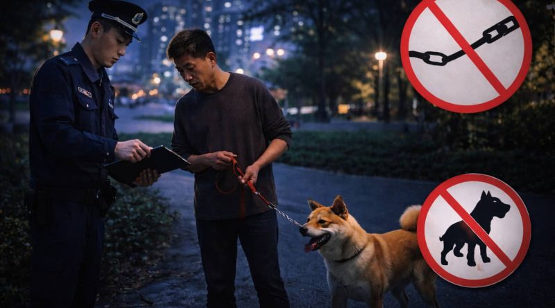 Perro con correa paseando en una zona residencial de China.