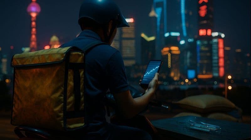 Repartidor de comida en Shanghái durante una jornada laboral extensa.