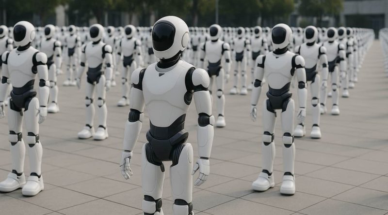 Robots humanoides alineados en formación durante una demostración pública de UBtech en China.