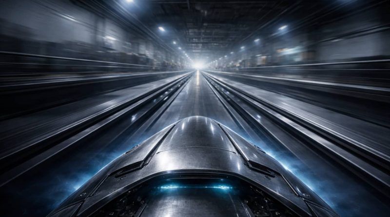 Vehículo experimental de tren magnético alcanzando alta velocidad en una pista de prueba en China.