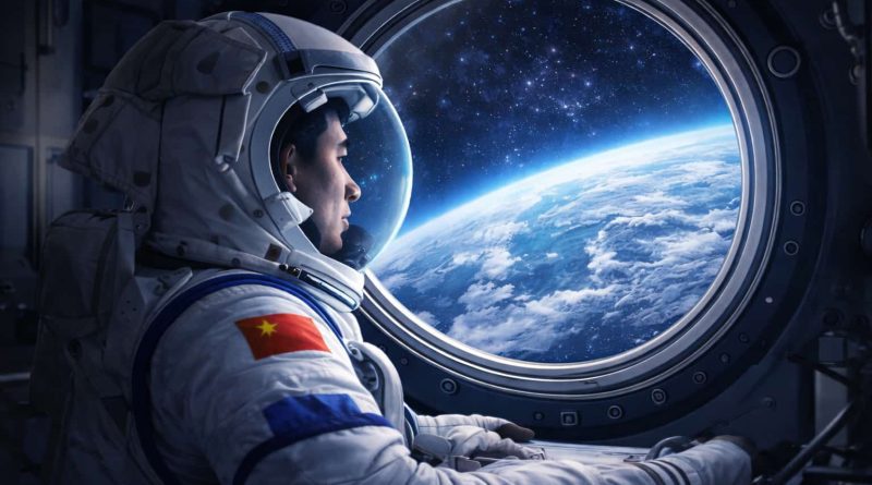 Astronauta chino trabajando dentro de la estación espacial Tiangong.