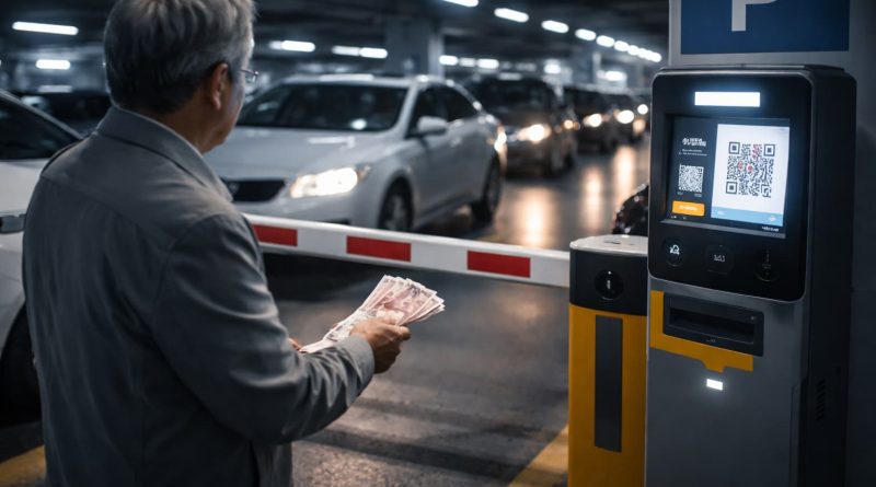 Aviso de pago en efectivo en comercio chino junto a códigos de pago digital.