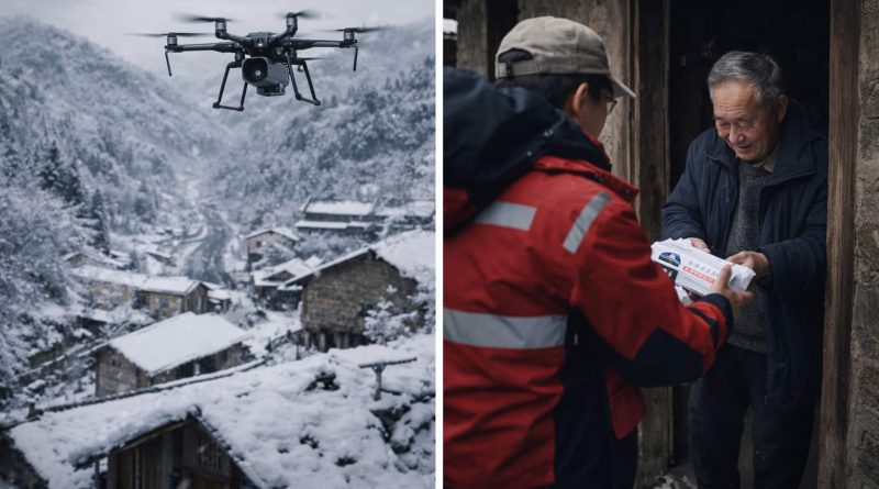 Dron sobrevolando aldea rural china cubierta de nieve durante una ola de frío.