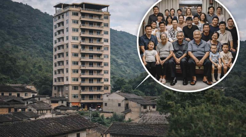 Edificio residencial de quince pisos construido por una familia en una zona rural de China.