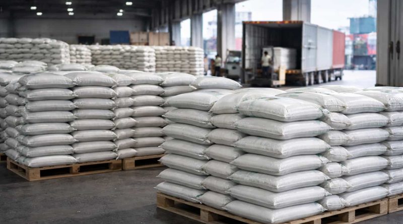 Entrega de arroz en almacén estatal durante programa de ayuda alimentaria China–Cuba.