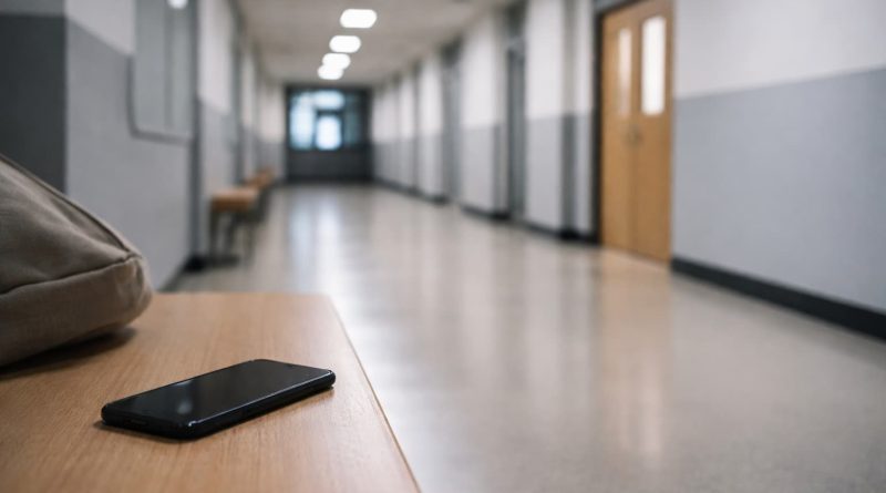 Estudiante china camina sola por un patio escolar tras una sanción disciplinaria.