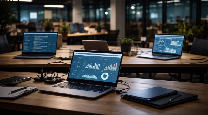 Laptop con paneles de IA y tableros de proyecto en un coworking tecnológico de Beijing.