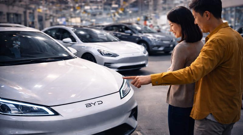 Línea de autos eléctricos BYD exhibidos en un centro logístico internacional