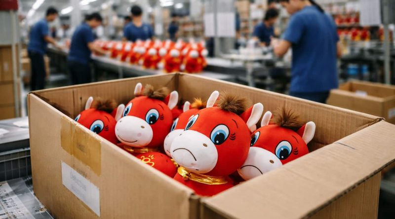 Peluche de caballo con expresión triste vendido en el mercado de Yiwu.