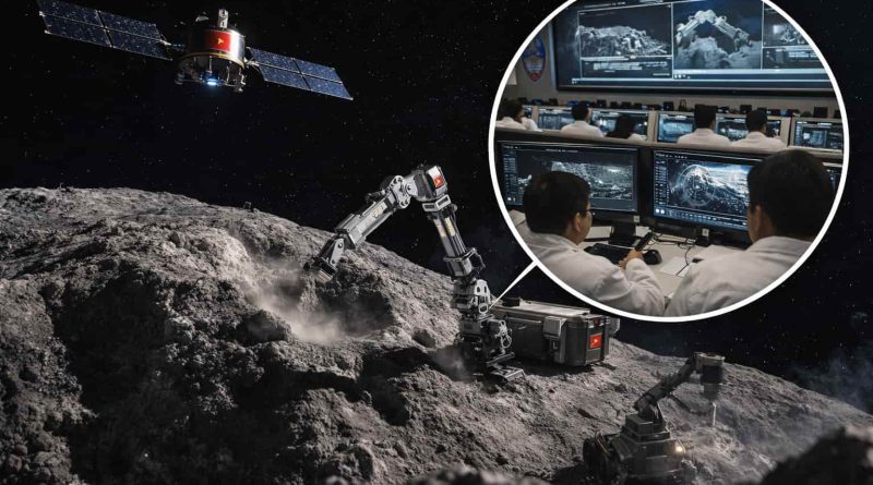 Representación conceptual de minería espacial y exploración de asteroides.