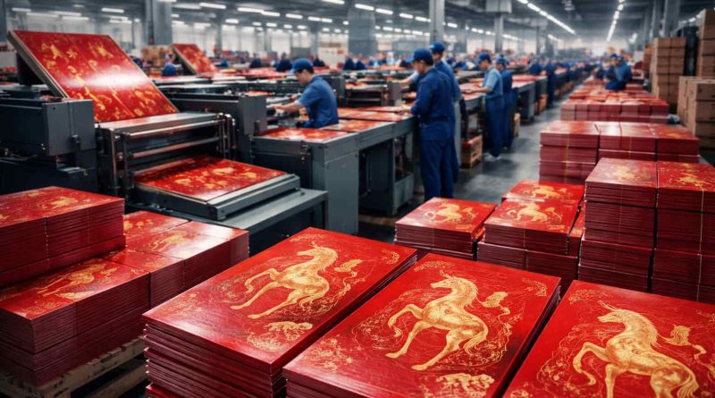 Sobres rojos tradicionales del Año del Caballo en proceso de producción industrial en China.