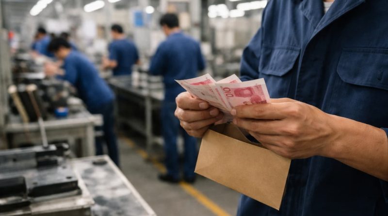 Tablón interno de empresa china con carta sobre aumento salarial.