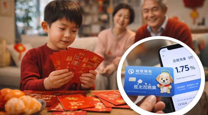 Bancos chinos promocionan cuentas infantiles durante el Año Nuevo Lunar.