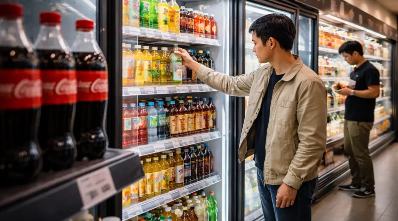 Botellas de Coca-Cola en un punto de venta reflejando cambios en el consumo global.