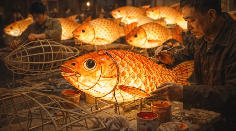 Desfile tradicional de linternas con forma de pez en Anhui durante el Festival de Primavera