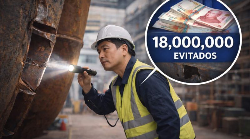 Empleado inspecciona una estructura industrial para detectar riesgos laborales en China.