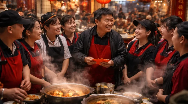 Empleados de restaurante hotpot recibiendo reparto de ganancias del Año Nuevo en China