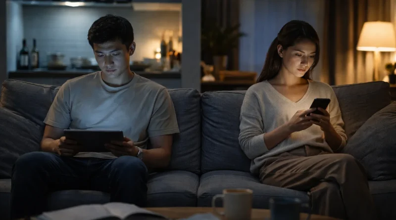 Escena conceptual de una pareja observando una proyección digital sobre su futuro generada por inteligencia artificial.