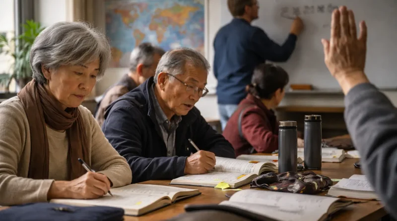 Jubilados chinos estudiando en aula en el extranjero