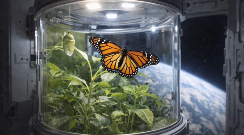 Mariposa naciendo y volando en microgravedad dentro de un experimento espacial chino.