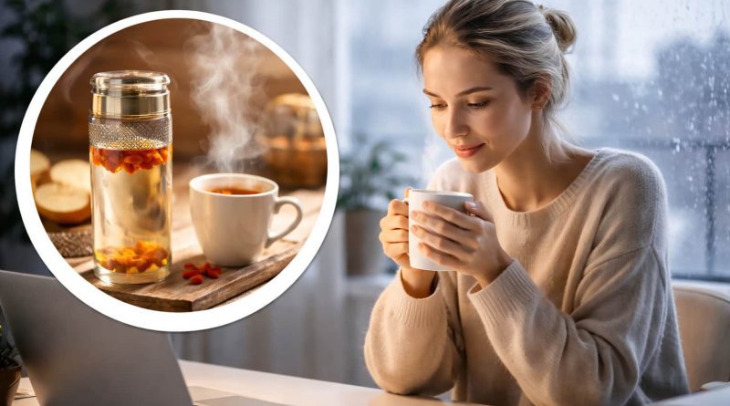 Persona bebiendo agua caliente como parte de una rutina diaria inspirada en hábitos chinos.