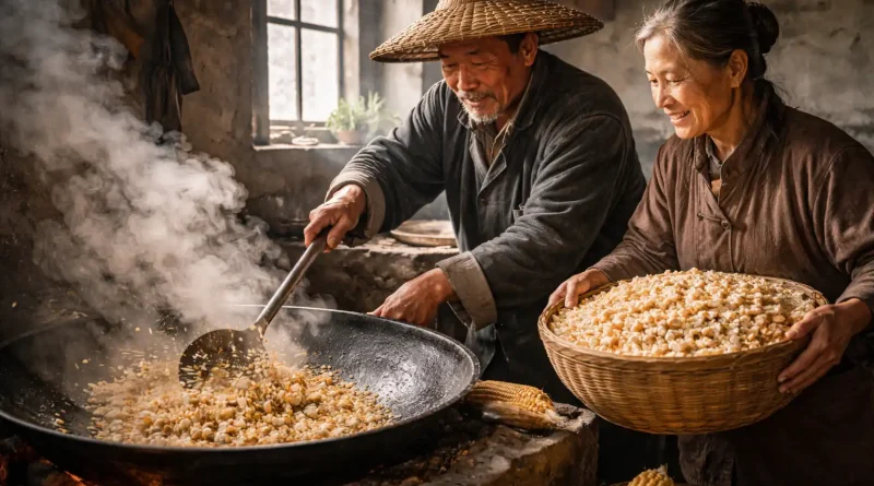 Recreación de granos reventados usados en rituales agrícolas tradicionales chinos