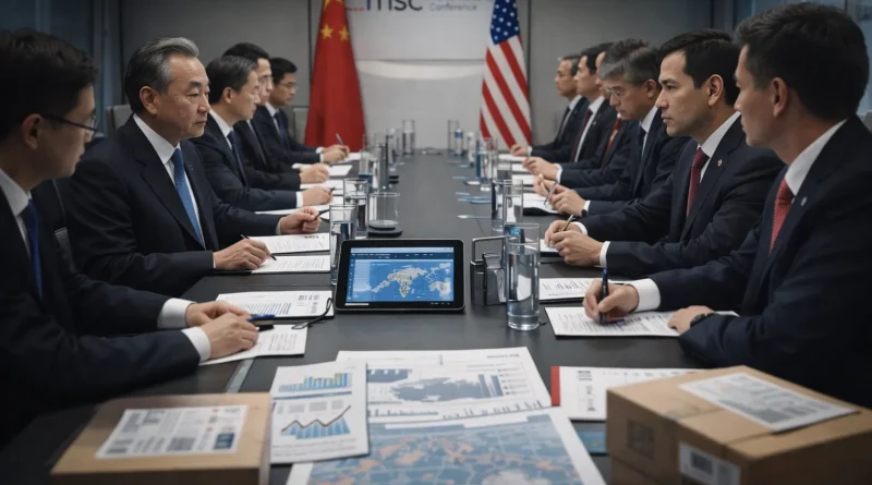 Representación de un encuentro diplomático entre delegaciones de China y Estados Unidos en un foro internacional.