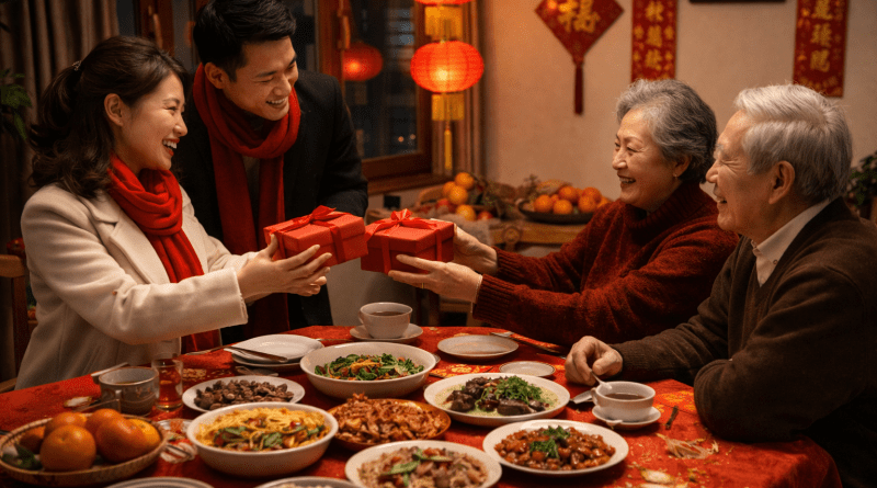 Familia celebrando el segundo día del Año Nuevo lunar en casa de los padres