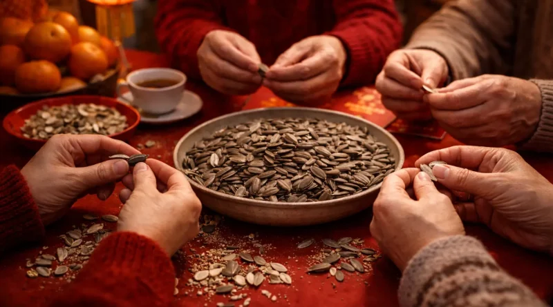 Familia china compartiendo semillas de girasol durante la celebración del Año Nuevo lunar.