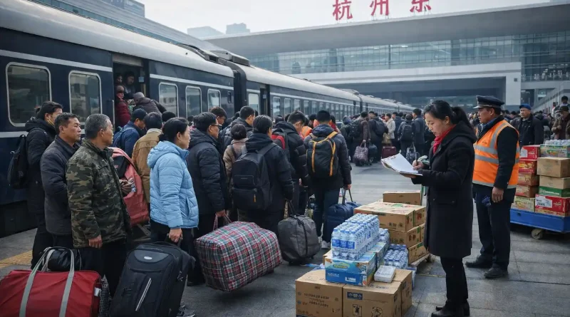 rabajadores abordando tren organizado por empresa para regresar a casa en Año Nuevo chino.