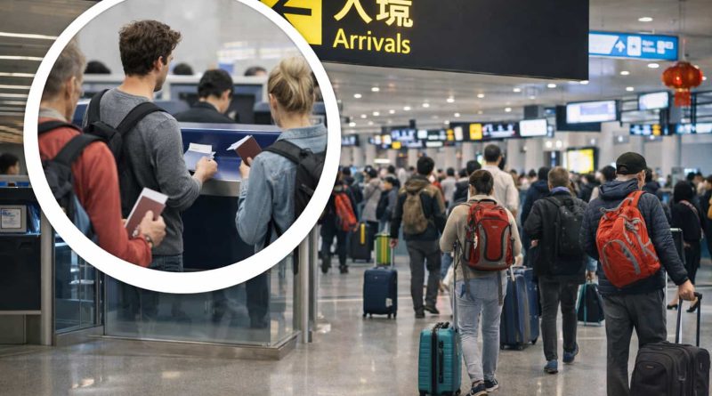 Turistas extranjeros celebrando el Año Nuevo Lunar en una ciudad china iluminada con faroles.