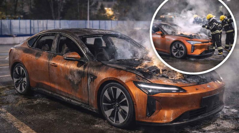 Vehículo Xiaomi SU7 incendiado en una calle de Yingkou, provincia de Liaoning.