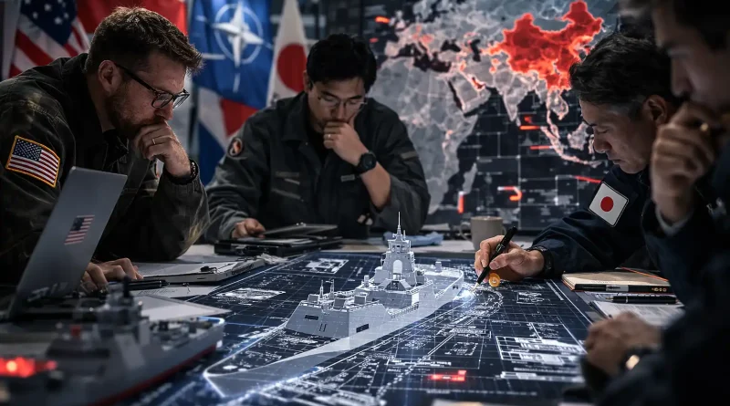 destructor tipo 055 de China navegando en formación naval