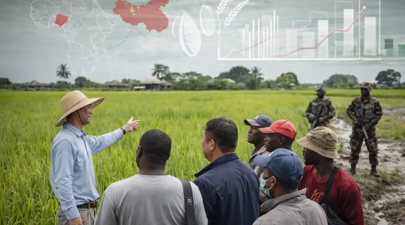 Agricultor chino Nigeria protegido asesora cultivo de arroz en campo de Nigeria