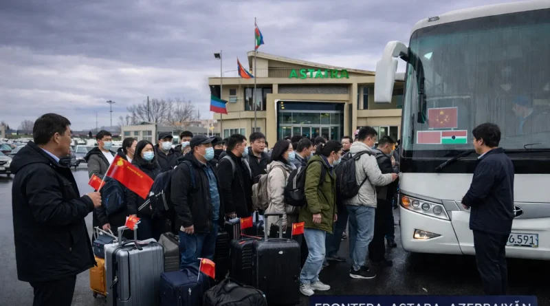 Evacuados chinos Irán Azerbaiyán cruzan el paso de Astara el 1 de marzo