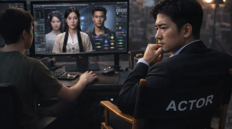 Escena de microdrama generado con inteligencia artificial que muestra actores virtuales en producción audiovisual