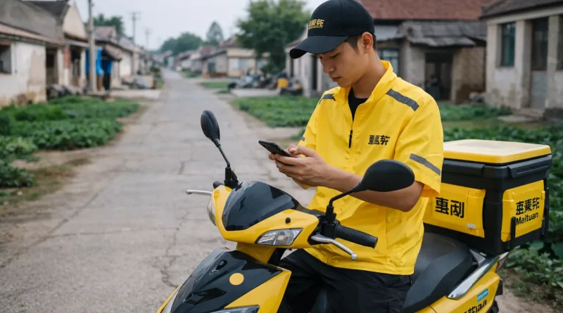 Repartidor rural en China realiza entregas en moto eléctrica en un pequeño pueblo