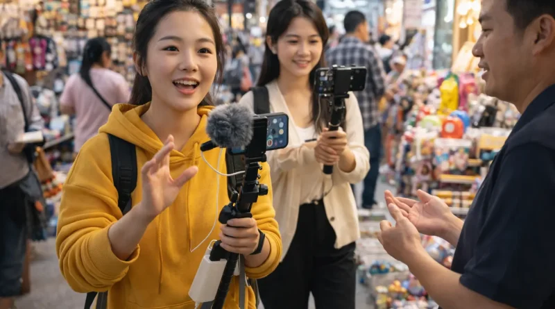 Streamer transmite en vivo mientras camina por el mercado mayorista de Yiwu mostrando productos